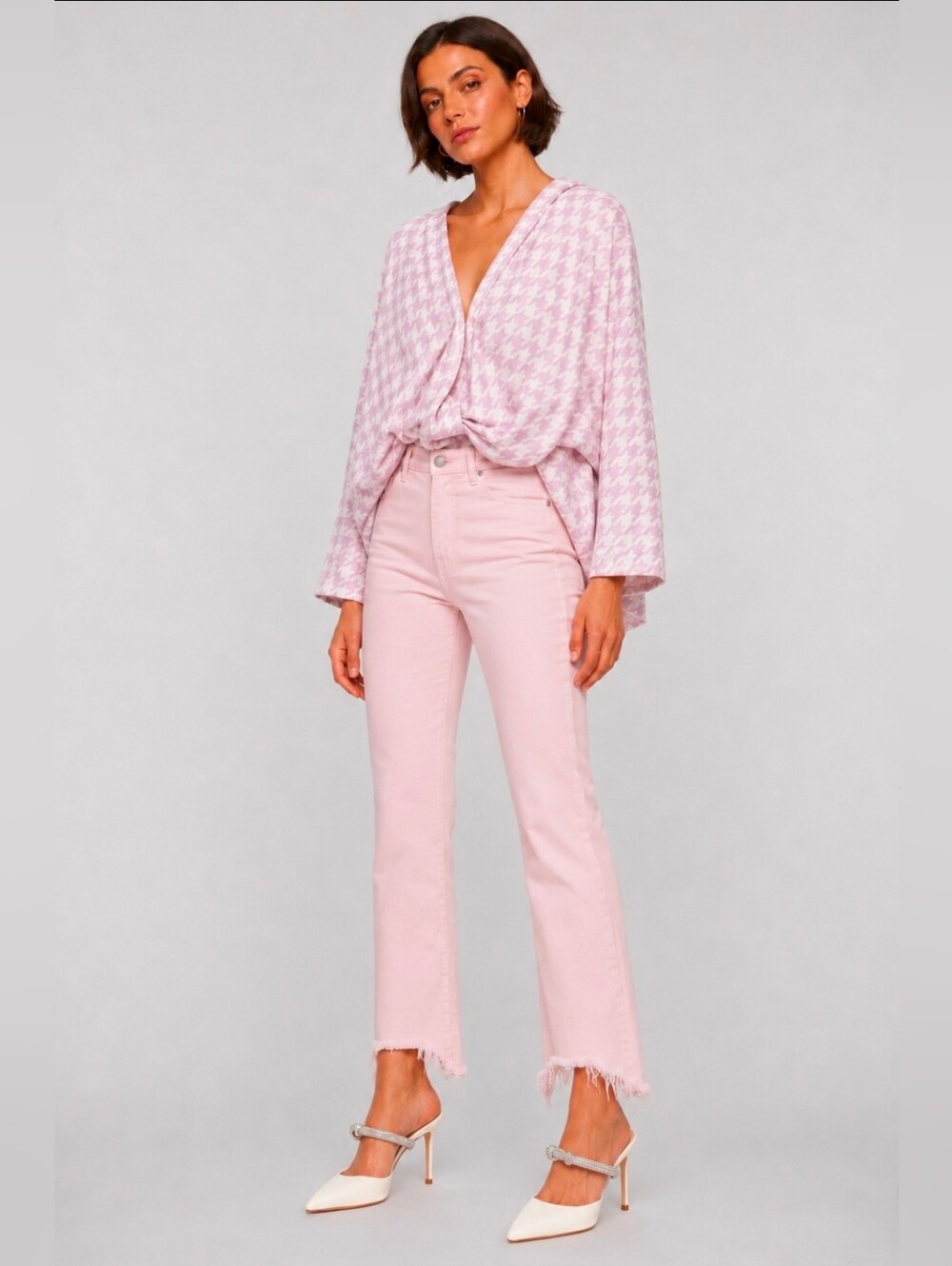 ZARA houndstooth print pink blouse XS
